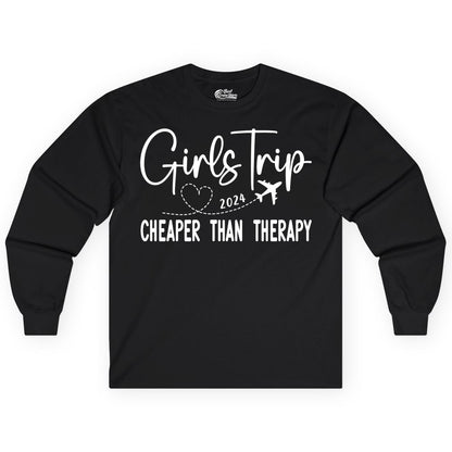 Girls Trip Shirt 2024 - Cheaper Than Therapy Girls Vacation Tee (Long Sleeve) in Black - Girls Trip 2024 Cheaper Than Therapy Airplane Heart Travel Shirt