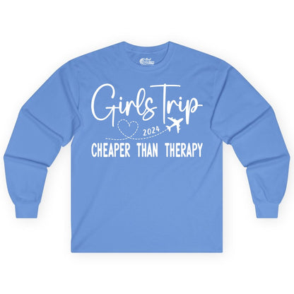 Girls Trip Shirt 2024 - Cheaper Than Therapy Girls Vacation Tee (Long Sleeve) in Carolina Blue - Girls Trip 2024 Cheaper Than Therapy Airplane Heart Travel Shirt