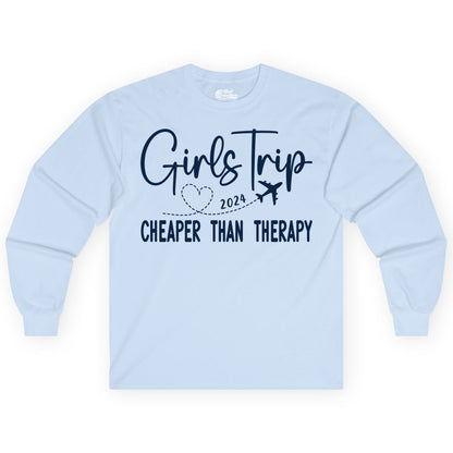 Girls Trip Shirt 2024 - Cheaper Than Therapy Girls Vacation Tee (Long Sleeve) in Light Blue - Girls Trip 2024 Cheaper Than Therapy Airplane Heart Travel Shirt