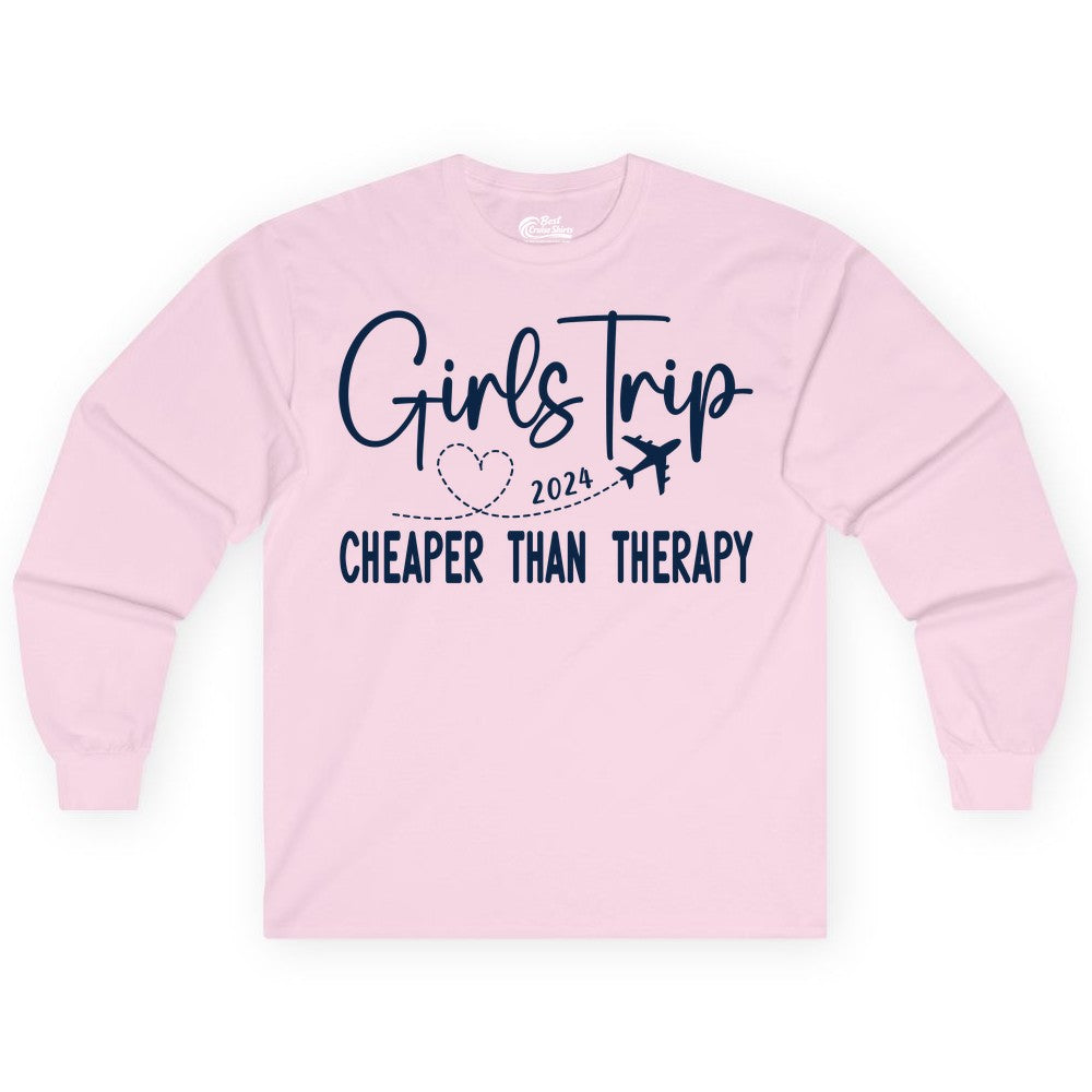 Girls Trip Shirt 2024 - Cheaper Than Therapy Girls Vacation Tee (Long Sleeve) in Light Pink - Girls Trip 2024 Cheaper Than Therapy Airplane Heart Travel Shirt