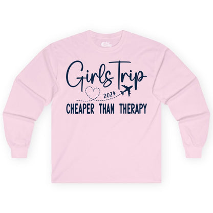 Girls Trip Shirt 2024 - Cheaper Than Therapy Girls Vacation Tee (Long Sleeve) in Light Pink - Girls Trip 2024 Cheaper Than Therapy Airplane Heart Travel Shirt