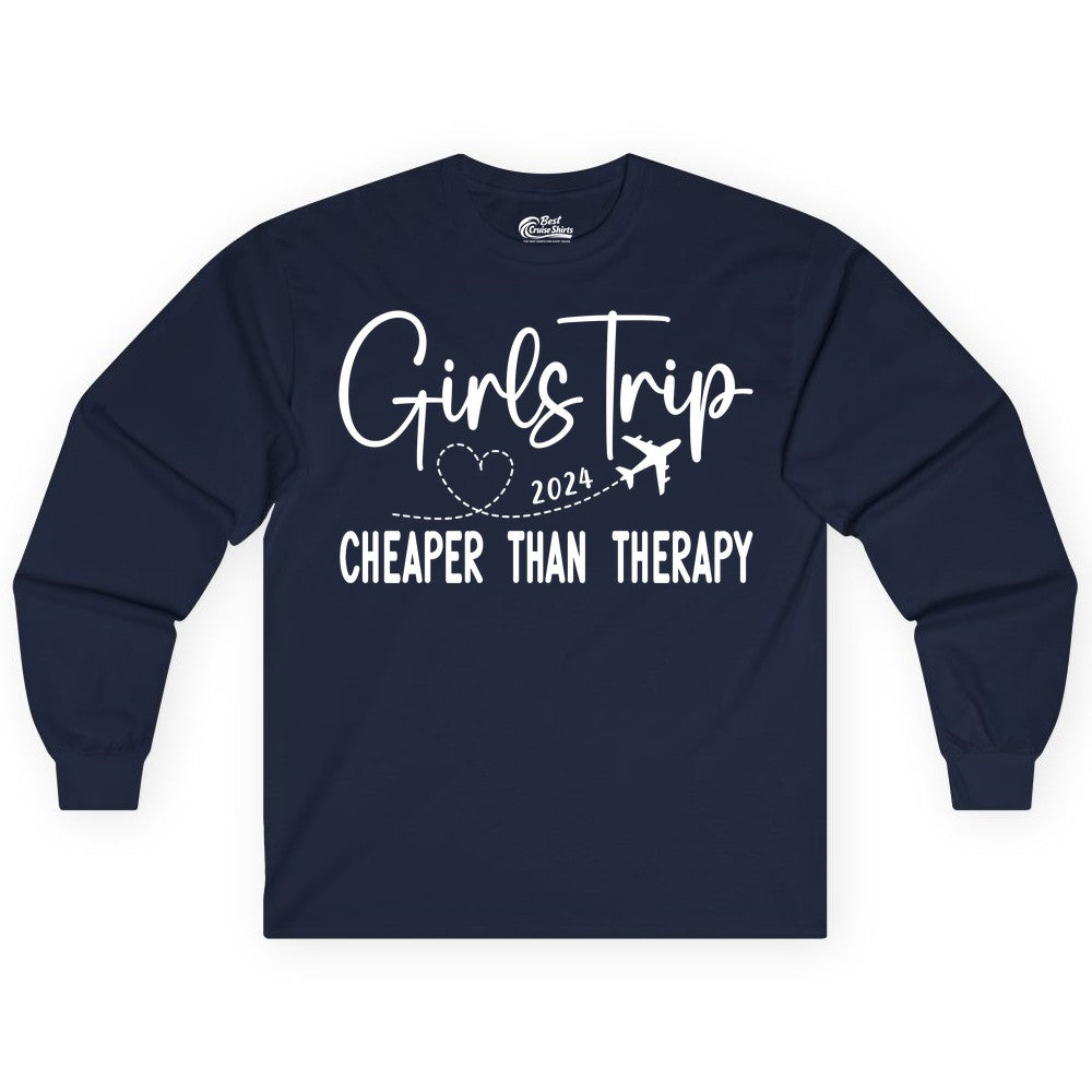 Girls Trip Shirt 2024 - Cheaper Than Therapy Girls Vacation Tee (Long Sleeve) in Navy - Girls Trip 2024 Cheaper Than Therapy Airplane Heart Travel Shirt