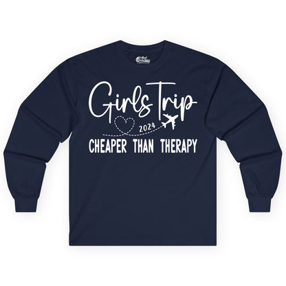 Girls Trip Shirt 2024 - Cheaper Than Therapy Girls Vacation Tee (Long Sleeve) in Navy - Girls Trip 2024 Cheaper Than Therapy Airplane Heart Travel Shirt