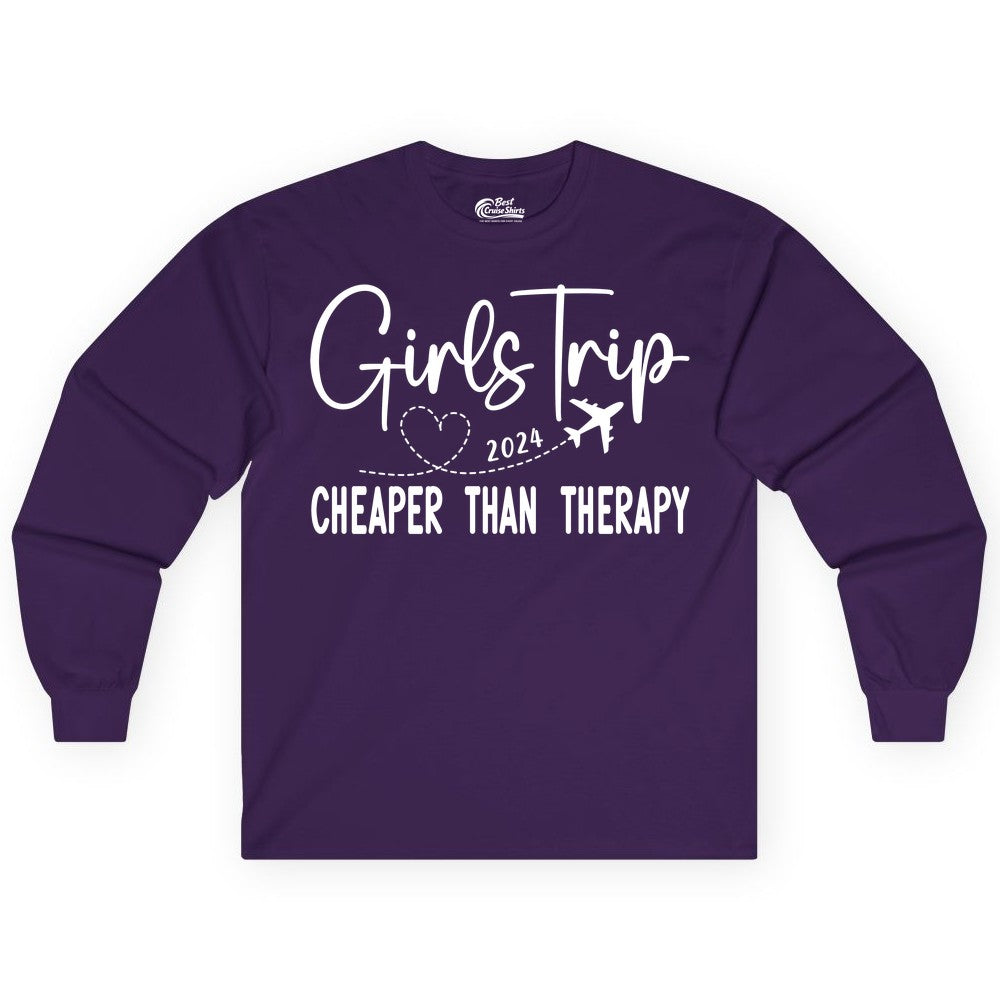 Girls Trip Shirt 2024 - Cheaper Than Therapy Girls Vacation Tee (Long Sleeve) in Purple - Girls Trip 2024 Cheaper Than Therapy Airplane Heart Travel Shirt