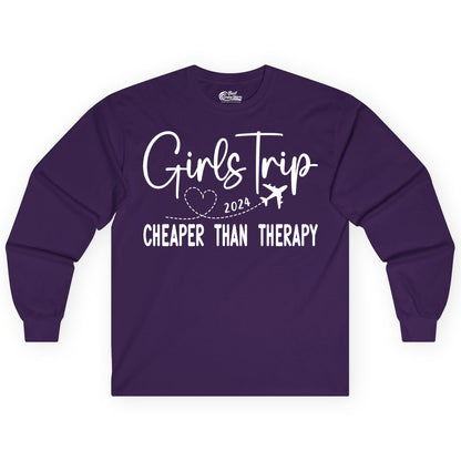 Girls Trip Shirt 2024 - Cheaper Than Therapy Girls Vacation Tee (Long Sleeve) in Purple - Girls Trip 2024 Cheaper Than Therapy Airplane Heart Travel Shirt