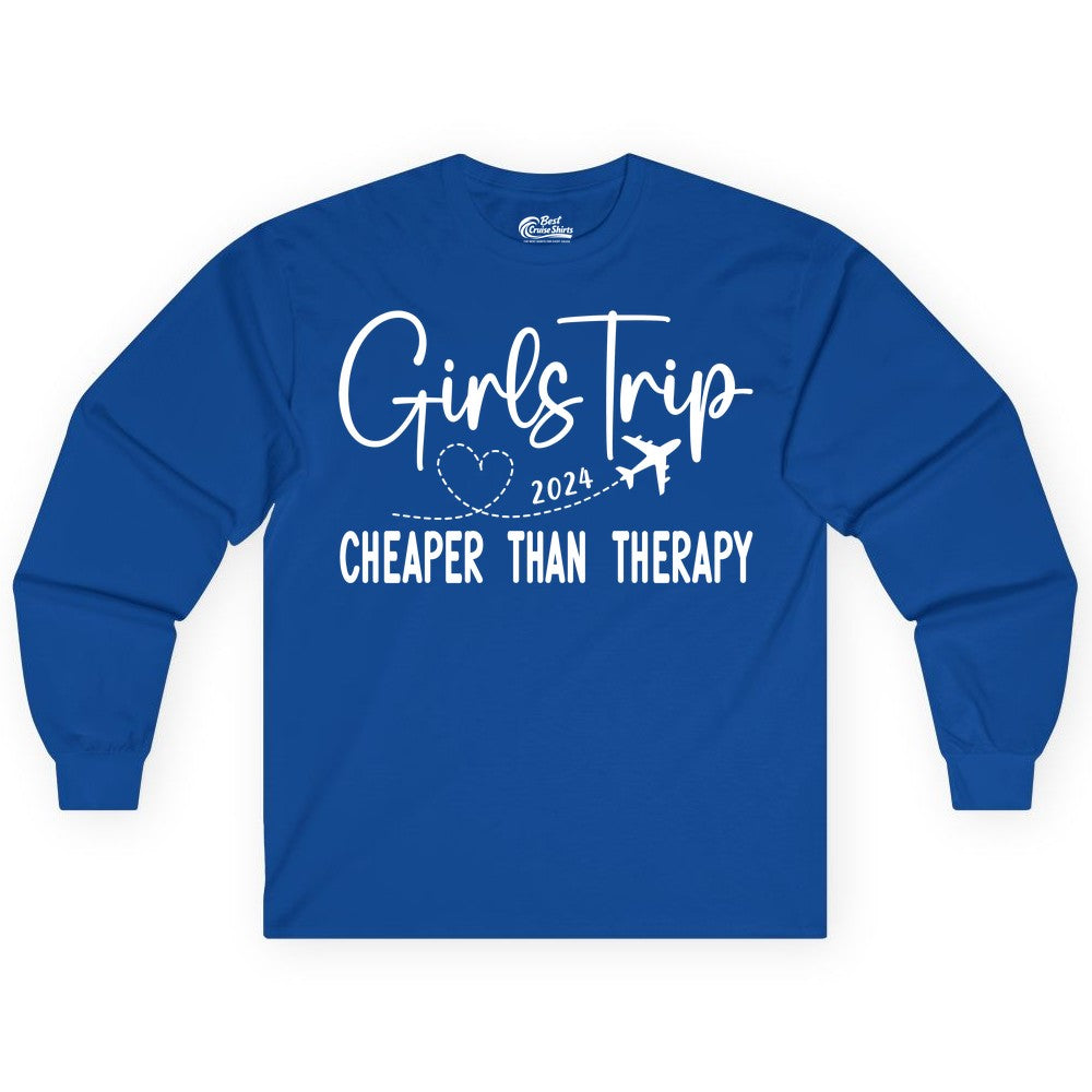 Girls Trip Shirt 2024 - Cheaper Than Therapy Girls Vacation Tee (Long Sleeve) in Royal - Girls Trip 2024 Cheaper Than Therapy Airplane Heart Travel Shirt