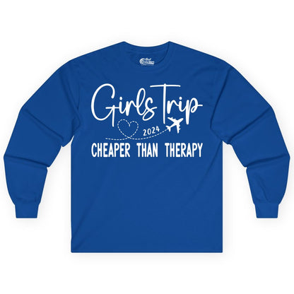 Girls Trip Shirt 2024 - Cheaper Than Therapy Girls Vacation Tee (Long Sleeve) in Royal - Girls Trip 2024 Cheaper Than Therapy Airplane Heart Travel Shirt