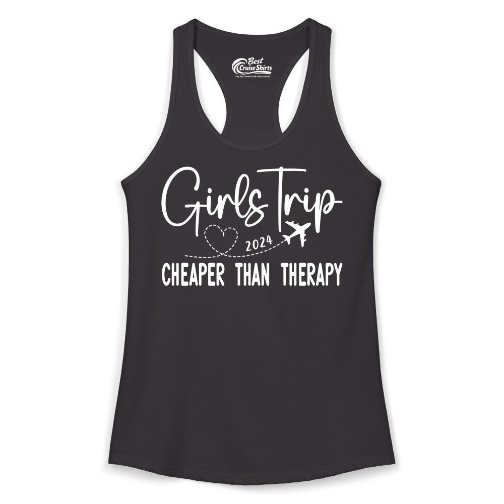 Girls Trip Shirt 2024 - Cheaper Than Therapy Girls Vacation Tee (Ladies Tank) in Black - Girls Trip 2024 Cheaper Than Therapy Airplane Heart Travel Shirt