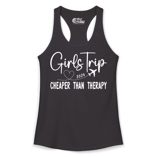 Girls Trip Shirt 2024 - Cheaper Than Therapy Girls Vacation Tee (Ladies Tank) in Black - Girls Trip 2024 Cheaper Than Therapy Airplane Heart Travel Shirt