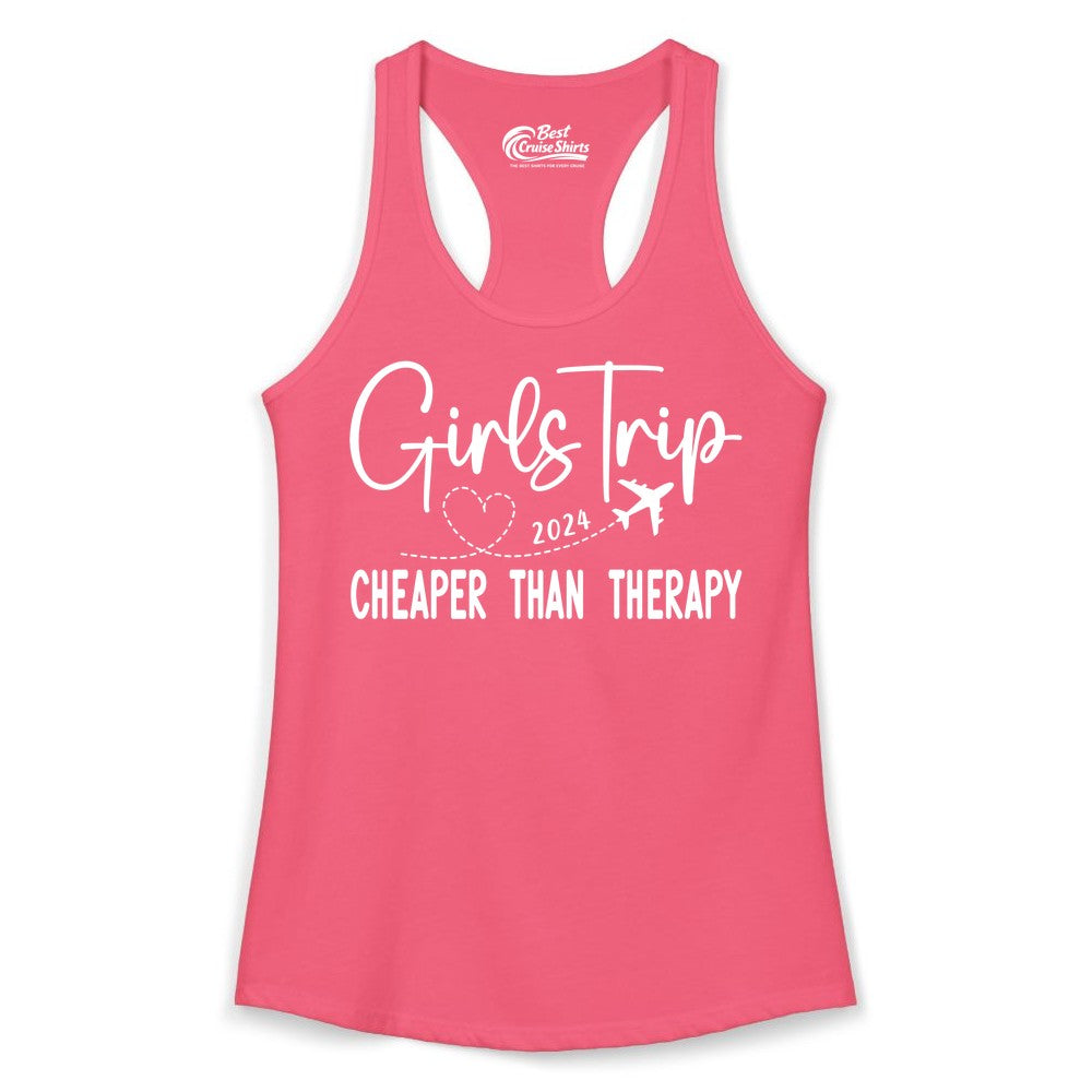 Girls Trip Shirt 2024 - Cheaper Than Therapy Girls Vacation Tee (Ladies Tank) in Hot Pink - Girls Trip 2024 Cheaper Than Therapy Airplane Heart Travel Shirt