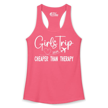 Girls Trip Shirt 2024 - Cheaper Than Therapy Girls Vacation Tee (Ladies Tank) in Hot Pink - Girls Trip 2024 Cheaper Than Therapy Airplane Heart Travel Shirt
