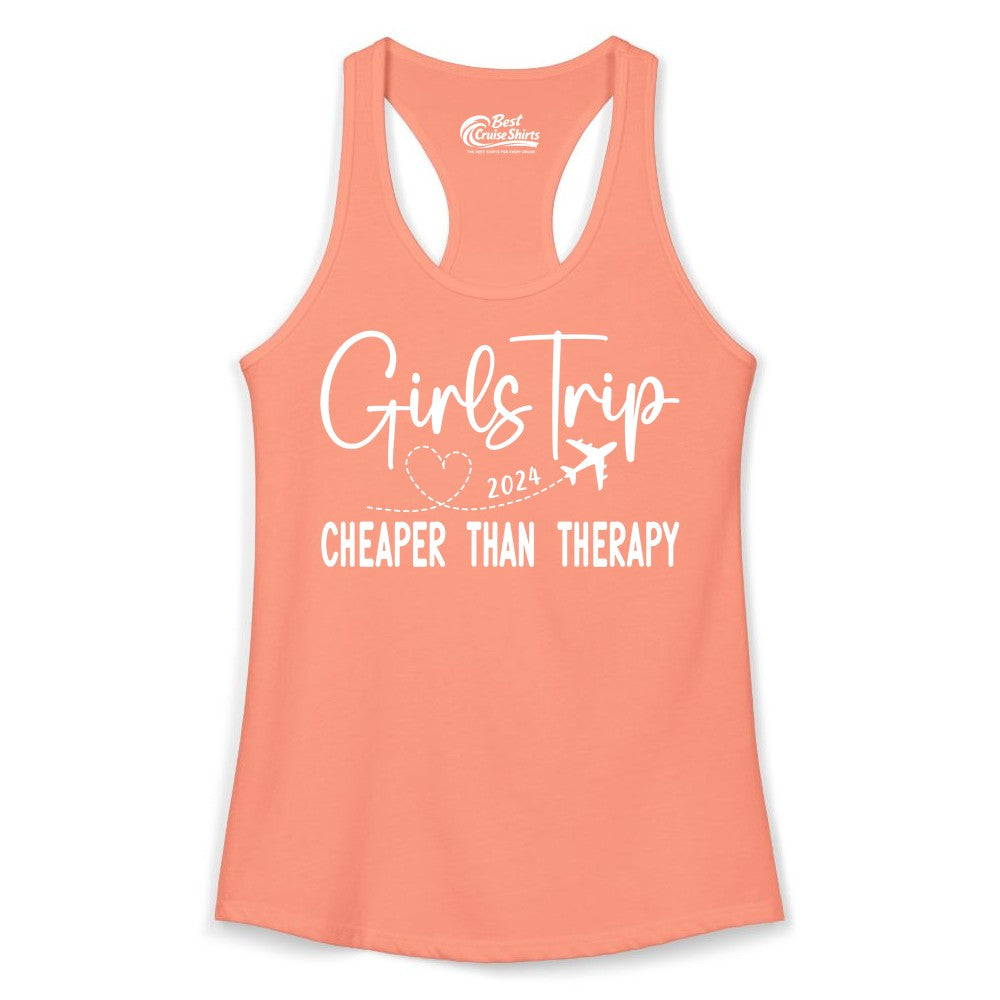 Girls Trip Shirt 2024 - Cheaper Than Therapy Girls Vacation Tee (Ladies Tank) in Solid Light Orange - Girls Trip 2024 Cheaper Than Therapy Airplane Heart Travel Shirt