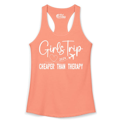 Girls Trip Shirt 2024 - Cheaper Than Therapy Girls Vacation Tee (Ladies Tank) in Solid Light Orange - Girls Trip 2024 Cheaper Than Therapy Airplane Heart Travel Shirt