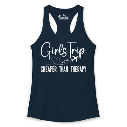 Girls Trip Shirt 2024 - Cheaper Than Therapy Girls Vacation Tee (Ladies Tank) in Solid Midnight Navy - Girls Trip 2024 Cheaper Than Therapy Airplane Heart Travel Shirt