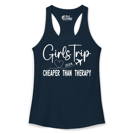 Girls Trip Shirt 2024 - Cheaper Than Therapy Girls Vacation Tee (Ladies Tank) in Solid Midnight Navy - Girls Trip 2024 Cheaper Than Therapy Airplane Heart Travel Shirt
