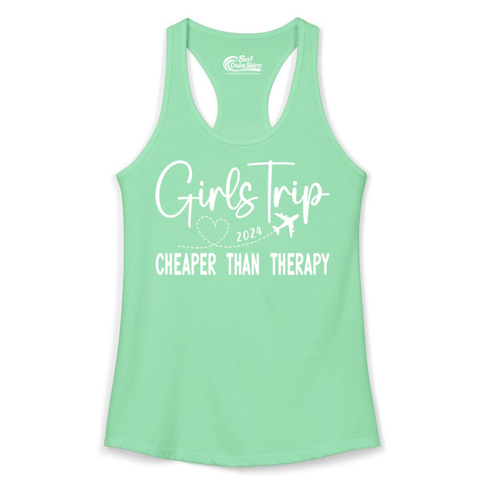 Girls Trip Shirt 2024 - Cheaper Than Therapy Girls Vacation Tee (Ladies Tank) in Solid Mint - Girls Trip 2024 Cheaper Than Therapy Airplane Heart Travel Shirt