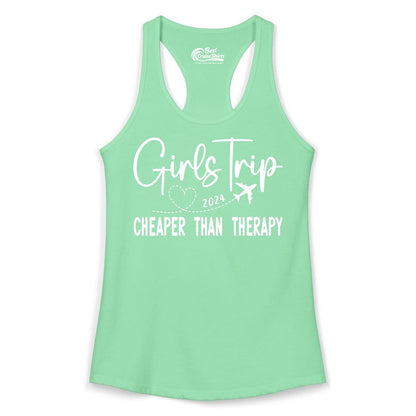 Girls Trip Shirt 2024 - Cheaper Than Therapy Girls Vacation Tee (Ladies Tank) in Solid Mint - Girls Trip 2024 Cheaper Than Therapy Airplane Heart Travel Shirt