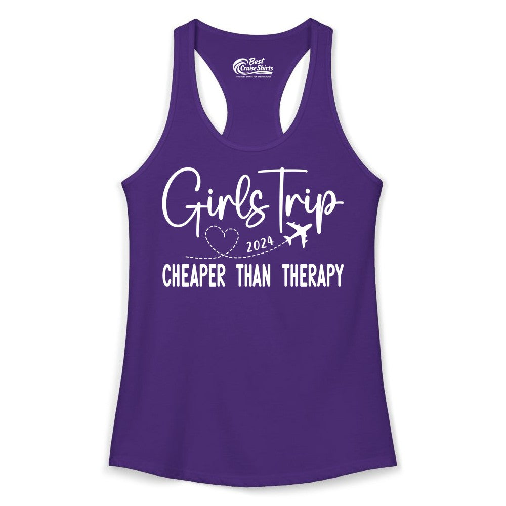 Girls Trip Shirt 2024 - Cheaper Than Therapy Girls Vacation Tee (Ladies Tank) in Solid Purple Rush - Girls Trip 2024 Cheaper Than Therapy Airplane Heart Travel Shirt