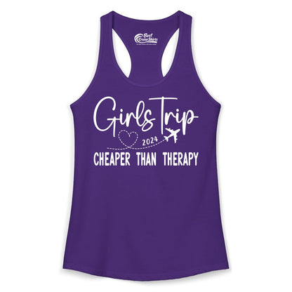 Girls Trip Shirt 2024 - Cheaper Than Therapy Girls Vacation Tee (Ladies Tank) in Solid Purple Rush - Girls Trip 2024 Cheaper Than Therapy Airplane Heart Travel Shirt