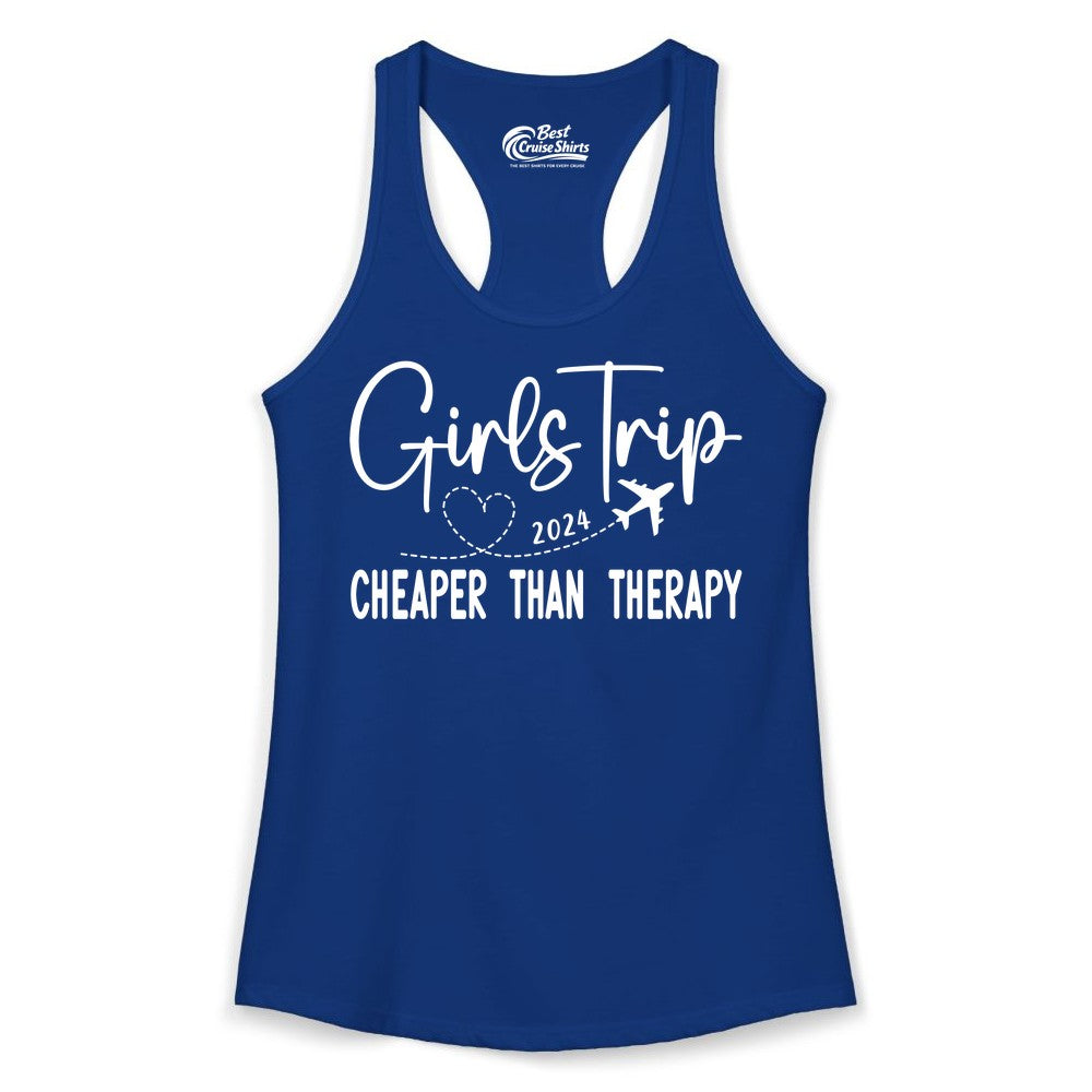 Girls Trip Shirt 2024 - Cheaper Than Therapy Girls Vacation Tee (Ladies Tank) in Solid Royal - Girls Trip 2024 Cheaper Than Therapy Airplane Heart Travel Shirt