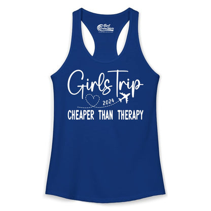 Girls Trip Shirt 2024 - Cheaper Than Therapy Girls Vacation Tee (Ladies Tank) in Solid Royal - Girls Trip 2024 Cheaper Than Therapy Airplane Heart Travel Shirt