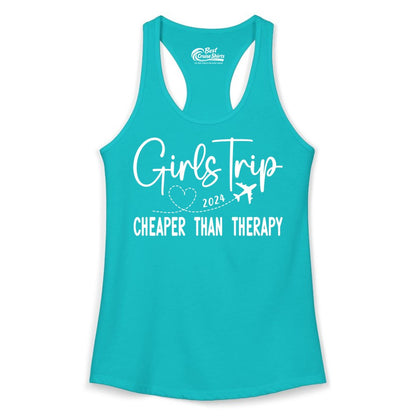 Girls Trip Shirt 2024 - Cheaper Than Therapy Girls Vacation Tee (Ladies Tank) in Tahiti Blue - Girls Trip 2024 Cheaper Than Therapy Airplane Heart Travel Shirt