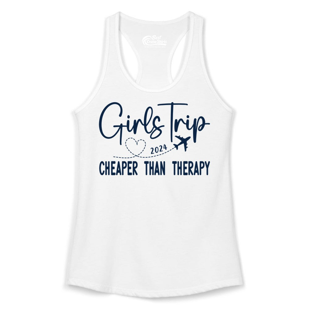 Girls Trip Shirt 2024 - Cheaper Than Therapy Girls Vacation Tee (Ladies Tank) in White - Girls Trip 2024 Cheaper Than Therapy Airplane Heart Travel Shirt