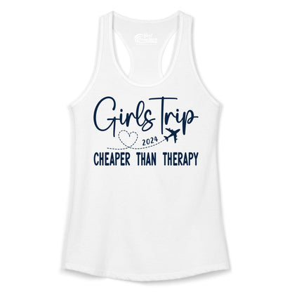 Girls Trip Shirt 2024 - Cheaper Than Therapy Girls Vacation Tee (Ladies Tank) in White - Girls Trip 2024 Cheaper Than Therapy Airplane Heart Travel Shirt