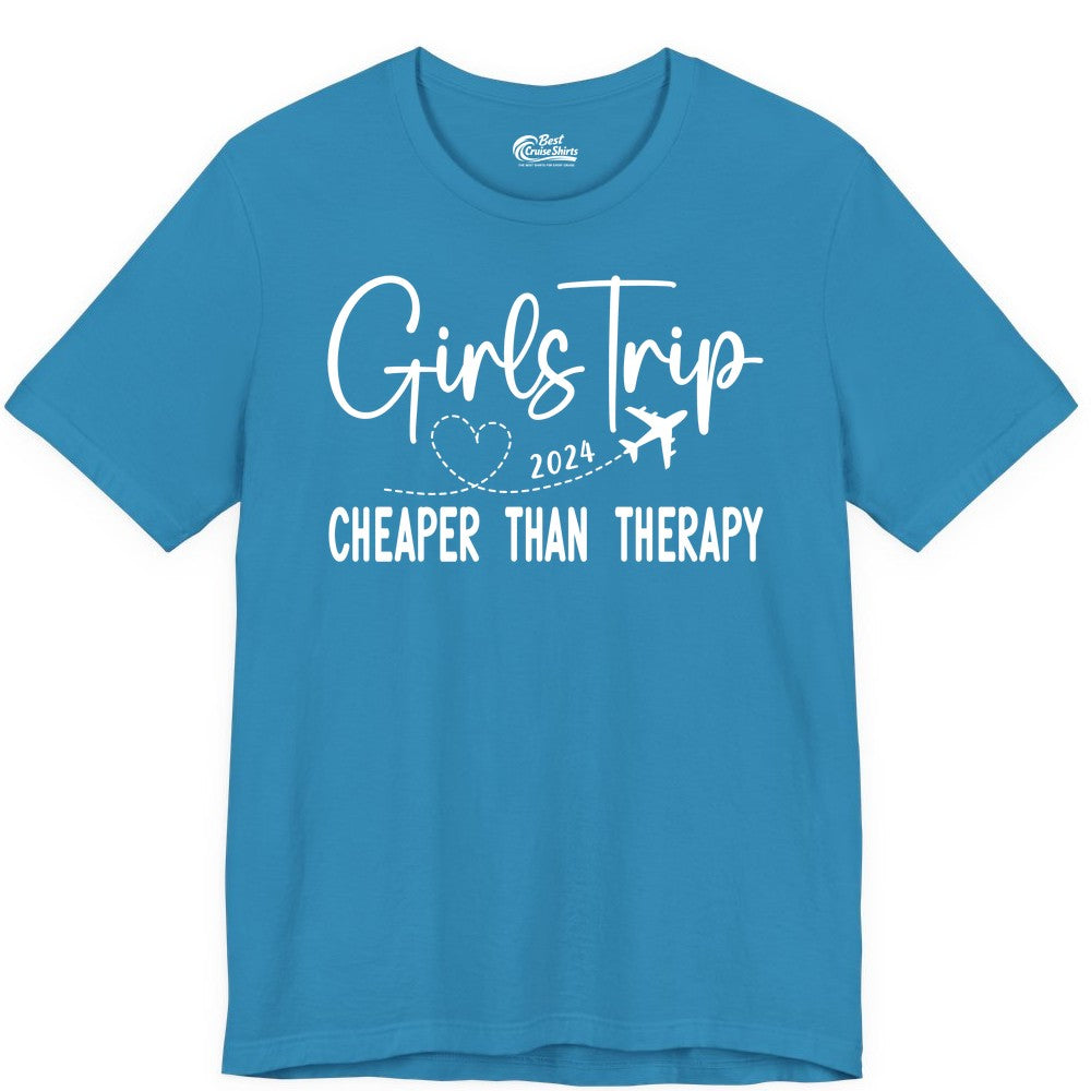 Girls Trip Shirt 2024 - Cheaper Than Therapy Girls Vacation Tee (Premium Tee) in Aqua - Girls Trip 2024 Cheaper Than Therapy Airplane Heart Travel Shirt