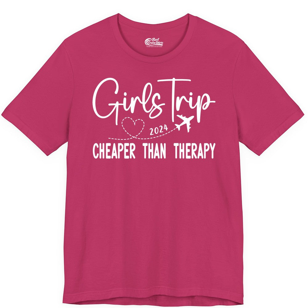 Girls Trip Shirt 2024 - Cheaper Than Therapy Girls Vacation Tee (Premium Tee) in Berry - Girls Trip 2024 Cheaper Than Therapy Airplane Heart Travel Shirt