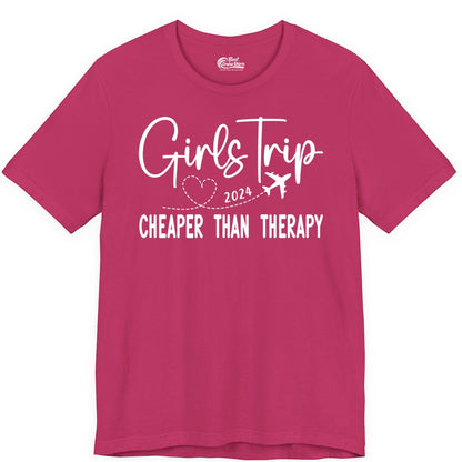 Girls Trip Shirt 2024 - Cheaper Than Therapy Girls Vacation Tee (Premium Tee) in Berry - Girls Trip 2024 Cheaper Than Therapy Airplane Heart Travel Shirt