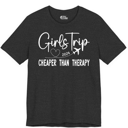 Girls Trip Shirt 2024 - Cheaper Than Therapy Girls Vacation Tee (Premium Tee) in Dark Grey Heather - Girls Trip 2024 Cheaper Than Therapy Airplane Heart Travel Shirt