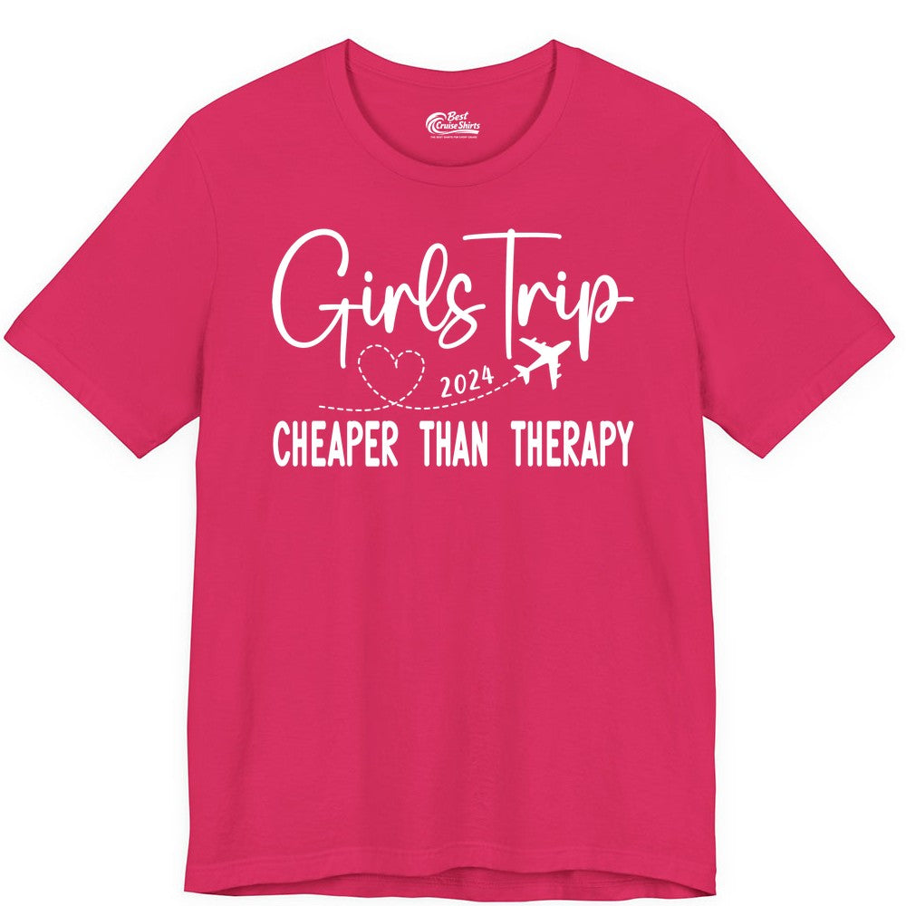 Girls Trip Shirt 2024 - Cheaper Than Therapy Girls Vacation Tee (Premium Tee) in Fuchsia - Girls Trip 2024 Cheaper Than Therapy Airplane Heart Travel Shirt
