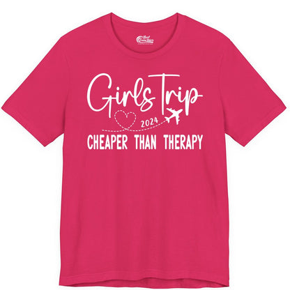 Girls Trip Shirt 2024 - Cheaper Than Therapy Girls Vacation Tee (Premium Tee) in Fuchsia - Girls Trip 2024 Cheaper Than Therapy Airplane Heart Travel Shirt