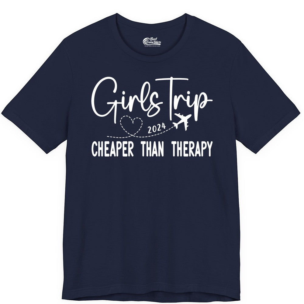 Girls Trip Shirt 2024 - Cheaper Than Therapy Girls Vacation Tee (Premium Tee) in Navy - Girls Trip 2024 Cheaper Than Therapy Airplane Heart Travel Shirt
