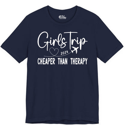 Girls Trip Shirt 2024 - Cheaper Than Therapy Girls Vacation Tee (Premium Tee) in Navy - Girls Trip 2024 Cheaper Than Therapy Airplane Heart Travel Shirt