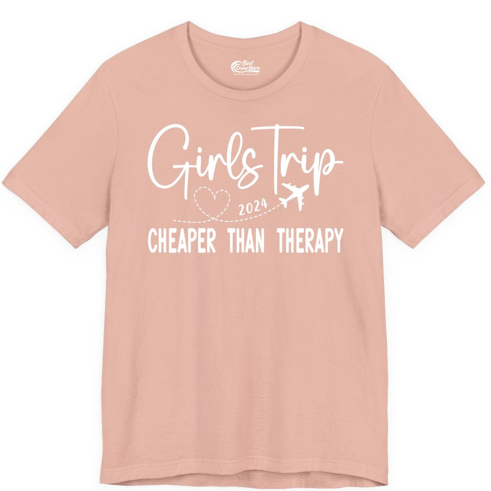Girls Trip Shirt 2024 - Cheaper Than Therapy Girls Vacation Tee (Premium Tee) in Peach - Girls Trip 2024 Cheaper Than Therapy Airplane Heart Travel Shirt