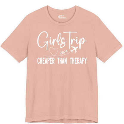 Girls Trip Shirt 2024 - Cheaper Than Therapy Girls Vacation Tee (Premium Tee) in Peach - Girls Trip 2024 Cheaper Than Therapy Airplane Heart Travel Shirt