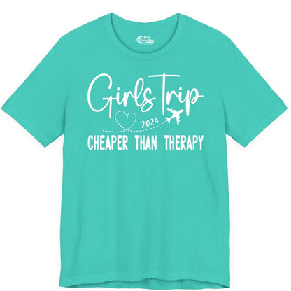 Girls Trip Shirt 2024 - Cheaper Than Therapy Girls Vacation Tee (Premium Tee) in Teal - Girls Trip 2024 Cheaper Than Therapy Airplane Heart Travel Shirt