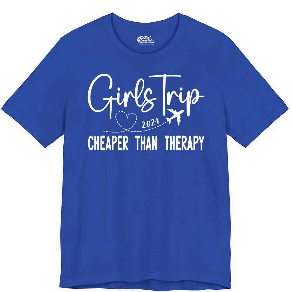 Girls Trip Shirt 2024 - Cheaper Than Therapy Girls Vacation Tee (Premium Tee) in True Royal - Girls Trip 2024 Cheaper Than Therapy Airplane Heart Travel Shirt