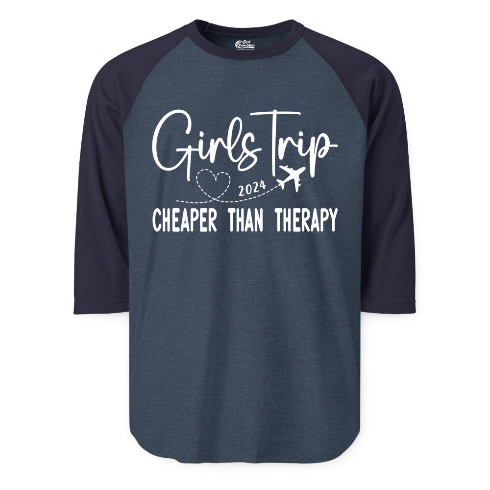 Girls Trip Shirt 2024 - Cheaper Than Therapy Girls Vacation Tee (Raglan) in Heather DenimNavy - Girls Trip 2024 Cheaper Than Therapy Airplane Heart Travel Shirt