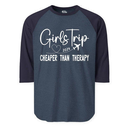 Girls Trip Shirt 2024 - Cheaper Than Therapy Girls Vacation Tee (Raglan) in Heather DenimNavy - Girls Trip 2024 Cheaper Than Therapy Airplane Heart Travel Shirt