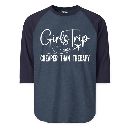 Girls Trip Shirt 2024 - Cheaper Than Therapy Girls Vacation Tee (Raglan) in Heather DenimNavy - Girls Trip 2024 Cheaper Than Therapy Airplane Heart Travel Shirt