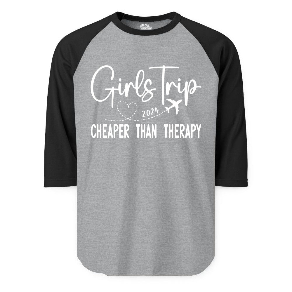 Girls Trip Shirt 2024 - Cheaper Than Therapy Girls Vacation Tee (Raglan) in Heather GreyBlack - Girls Trip 2024 Cheaper Than Therapy Airplane Heart Travel Shirt