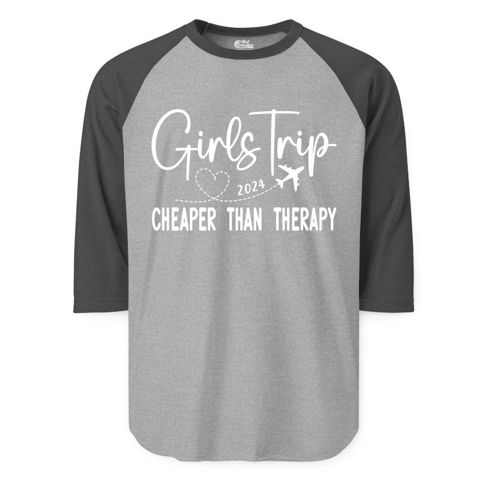 Girls Trip Shirt 2024 - Cheaper Than Therapy Girls Vacation Tee (Raglan) in Heather GreyHeather Charcoal - Girls Trip 2024 Cheaper Than Therapy Airplane Heart Travel Shirt
