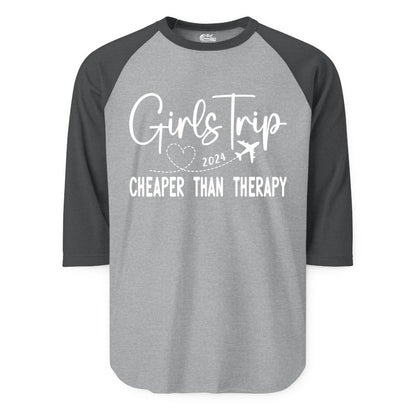 Girls Trip Shirt 2024 - Cheaper Than Therapy Girls Vacation Tee (Raglan) in Heather GreyHeather Charcoal - Girls Trip 2024 Cheaper Than Therapy Airplane Heart Travel Shirt