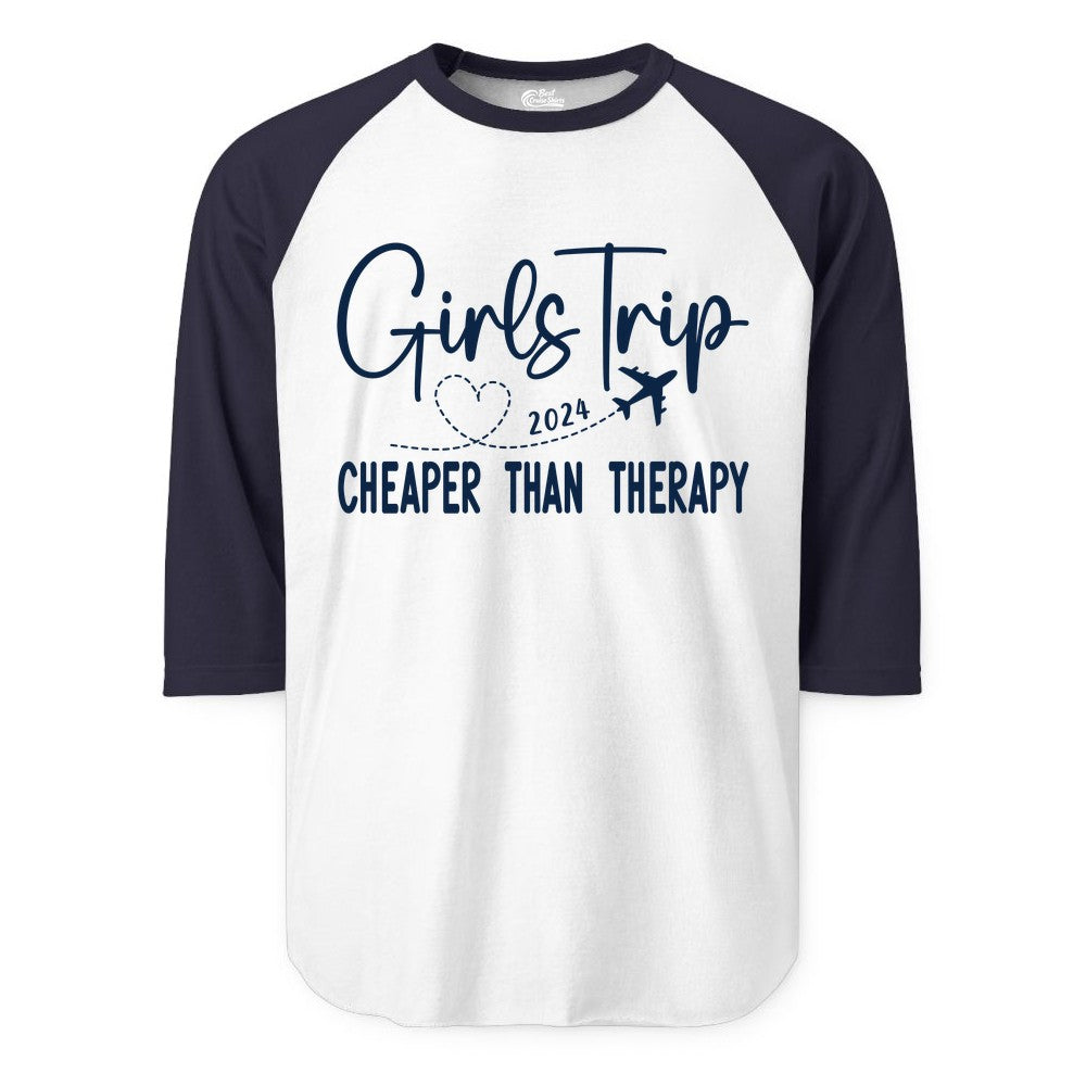 Girls Trip Shirt 2024 - Cheaper Than Therapy Girls Vacation Tee (Raglan) in WhiteNavy - Girls Trip 2024 Cheaper Than Therapy Airplane Heart Travel Shirt
