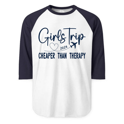 Girls Trip Shirt 2024 - Cheaper Than Therapy Girls Vacation Tee (Raglan) in WhiteNavy - Girls Trip 2024 Cheaper Than Therapy Airplane Heart Travel Shirt