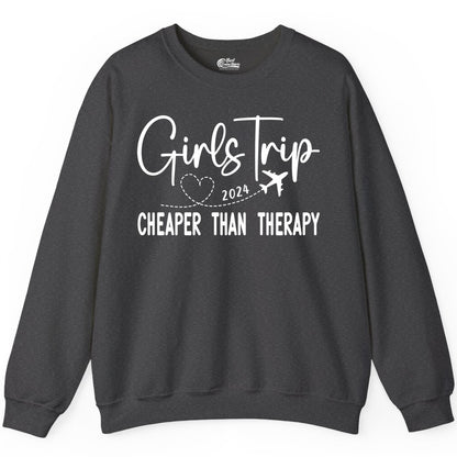 Girls Trip Shirt 2024 - Cheaper Than Therapy Girls Vacation Tee (Sweatshirt) in Dark Heather - Girls Trip 2024 Cheaper Than Therapy Airplane Heart Travel Shirt