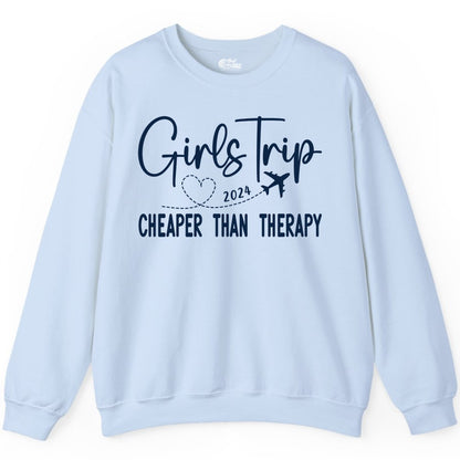 Girls Trip Shirt 2024 - Cheaper Than Therapy Girls Vacation Tee (Sweatshirt) in Light Blue - Girls Trip 2024 Cheaper Than Therapy Airplane Heart Travel Shirt